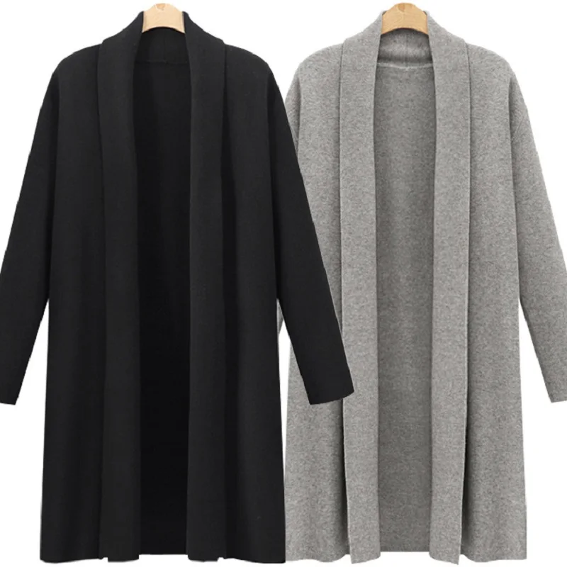 Большой размер 4XL женский зимний длинный вязаный свитер Универсальный тонкий однотонный длинный кардиган пальто для девочек повседневная верхняя одежда