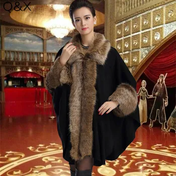 2018 New Fashion Women Autumn And Winter Patchwork Fur Collar Poncho Imitation Cashmere Long Sleeve Knit Shawl Cloak Coat new fashion autumn and winter women print tassel knit poncho cardigan female bat sleeve cloak sweater