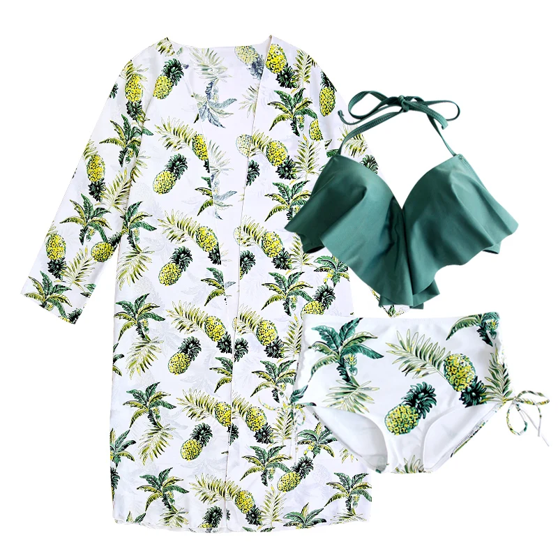 

2019 New Cute Printed Girls Three Pieces Bikinis Sets Swimwear Cover Up Underwire Push Up Sexy Women Bikini Swimsuit Biquinis