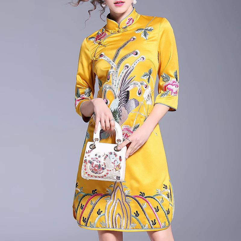 2018 Весна Для женщин китайское платье Вышивка Феникс розовый Cheongsam Винтаж Вышитые