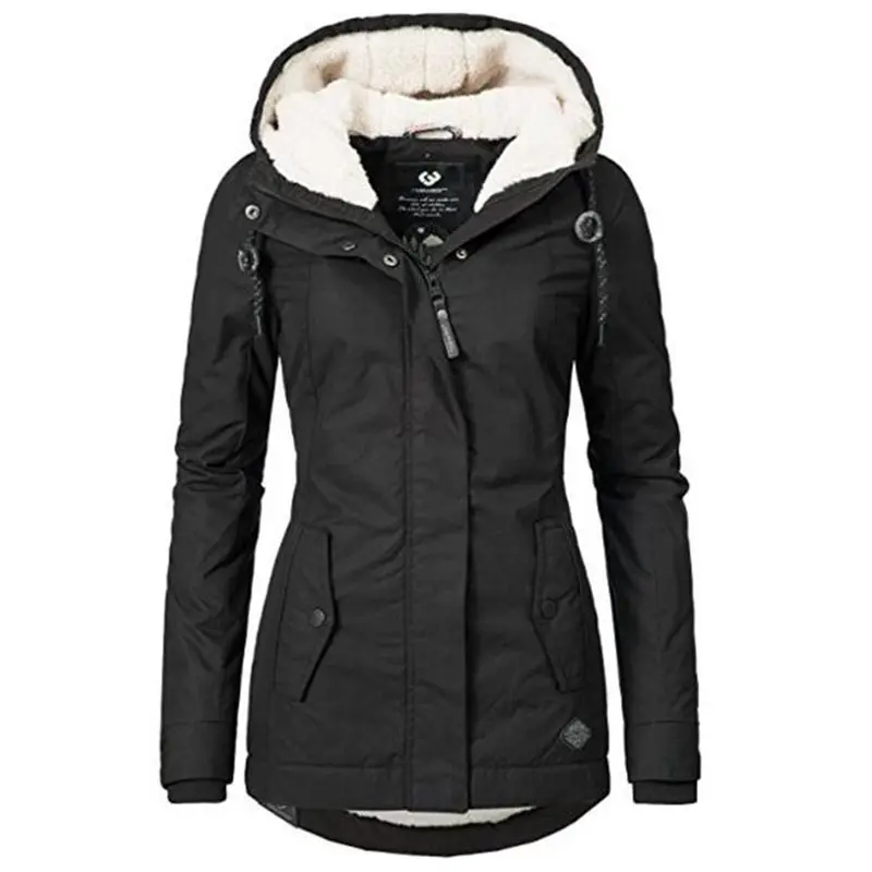 Women Jackets Casual Winter Warm Simple Black Gothic Slim Hooded Zipper Pocket Solid Coats OL Ladie