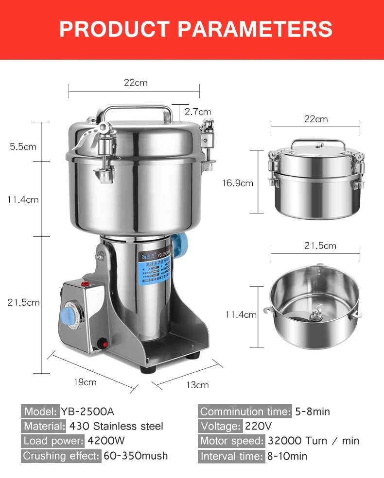 2,5 кг/4200 Вт нержавеющая сталь большая электрическая шлифовальная машина для сухих пищевых продуктов/кофе/зерна/перца мельницы для измельчения порошковой дробилки Коммерческая/домашняя