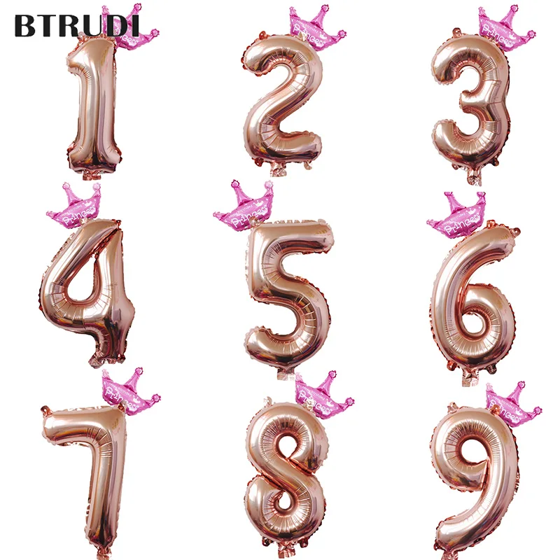 

BTRUDI 1set 32inch Figures Rose Gold Number Crown Foil Balloon birthday party anniversary memorial wall decoration girls birthdy