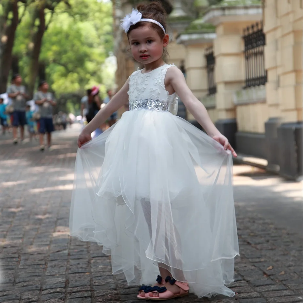 

new 2016 sequined belt first communion dresses for girls wedding clothes cute lace asymmetrical Floor Length flower girl dresses