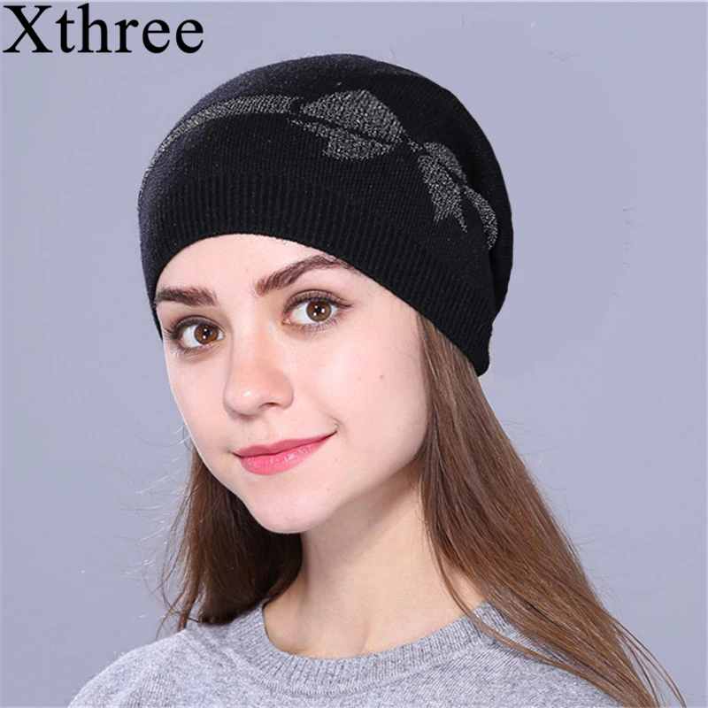 

xthree female Fall spring skullies beanies thin Knitted Hat For Women girl Wool Cap Cord Bow Girl Brand New