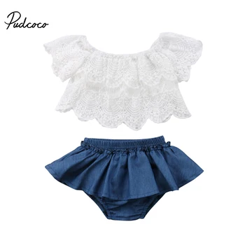 

0-3Y Newborn Toddler Baby Girl Off Shoulder Lace Tops White+Denim Shorts Skirted Bloomers 2PCS Outfits Summer Clothes Set