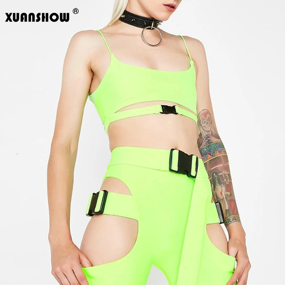 XUANSHOW 2019 Мода Neon летние шорты наборы трубки топы + шорты байкеров 2 шт короткий набор Для женщин подарок пояса полые верхняя одежда