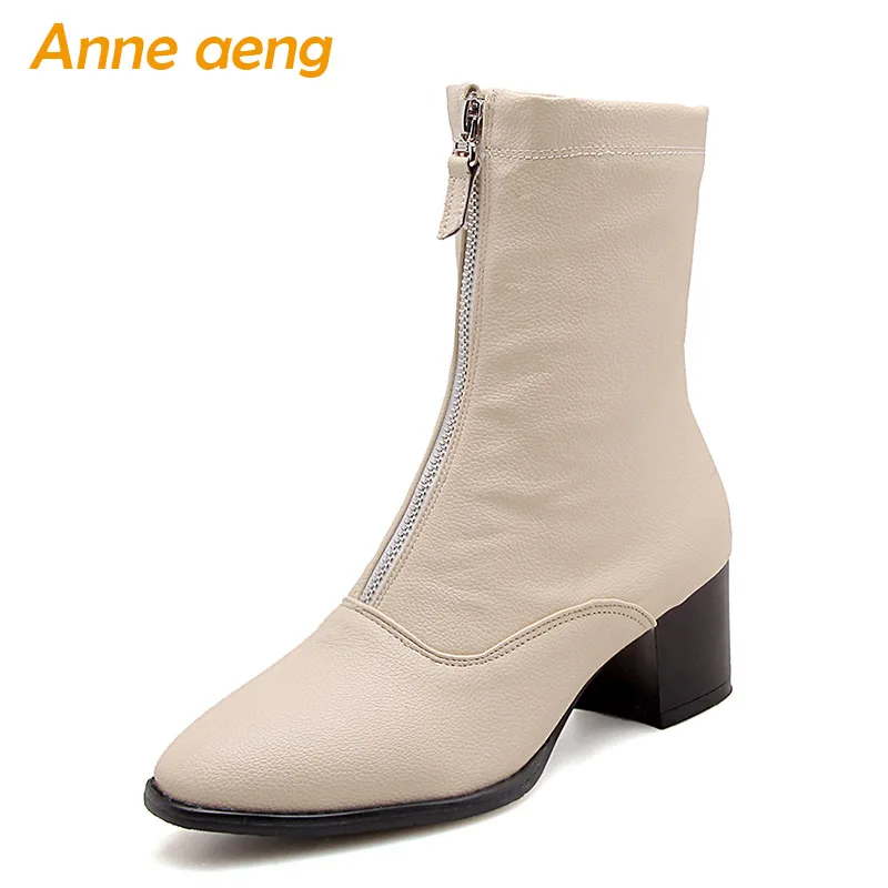 

2018 New Winter Women Ankle Boots High Heel Square Toe Zipper Elegant Sexy Ladies Women Shoes Beige Short Elastic Boots Big Size