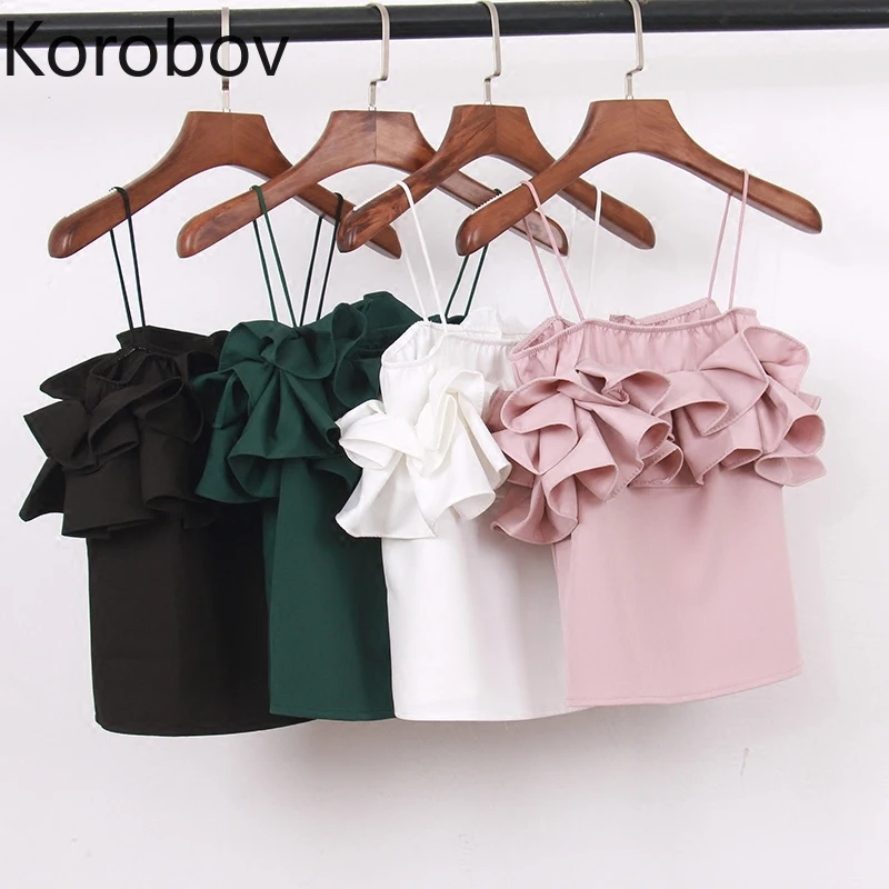 

Korobov 2019 New Arrival Summer Women Tank Top Korean Elegant Ruffles Female Camis Sexy Backless Short Tops 77793