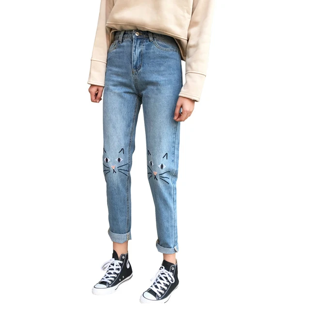 Vintage Cat Face Jeans With Embroidery Cat Knees Jeans Boyfriend High