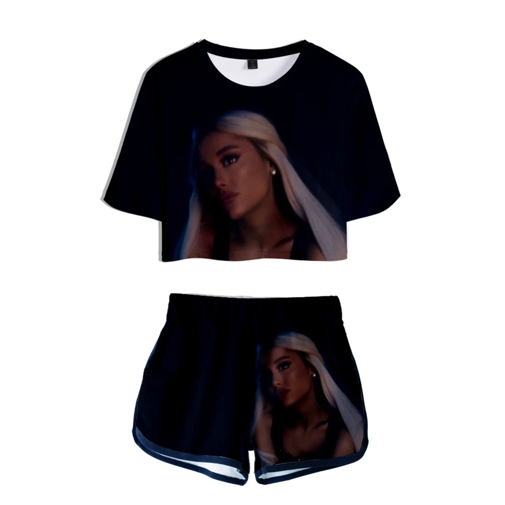 3D Ariana Grande открытый пупок футболки + шорты женские комплекты из двух предметов Мода 3D Ariana Grande Девушки Лето из двух частей черный