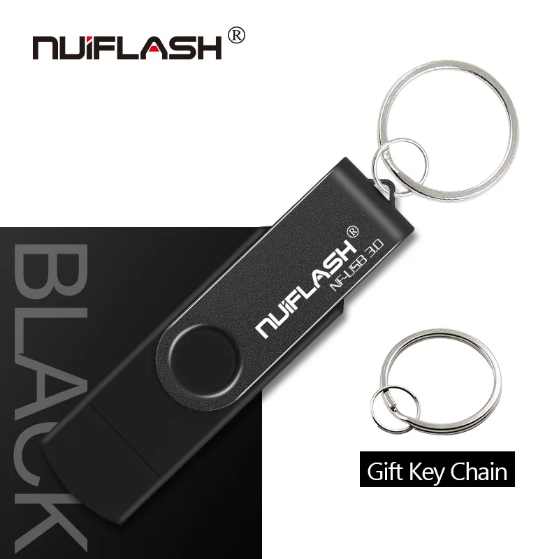 Nuiflash OTG USB флеш-накопитель свободного вращения 16 ГБ 32 ГБ 64 ГБ 128 ГБ флеш-накопитель с брелоком для телефона и ПК - Цвет: black