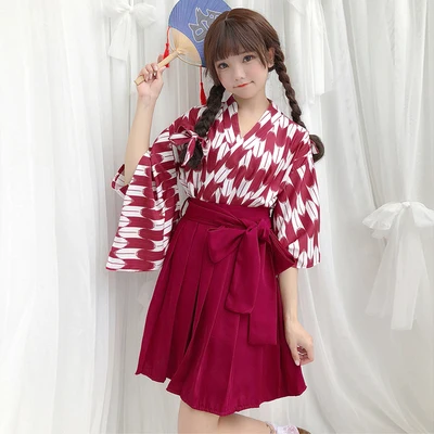top short dress Женское японское кимоно юката ветер печати цветок перо переплетение комплекты кимоно плиссированная юбка японское кимоно традиционная одежда 2 шт - Цвет: top short dress