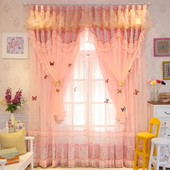 

Senisaihon High-quality Wedding Curtains Pink Lace Flowers Embroidered Double Layer Tulle Curtains 65% Shading Home Decoration