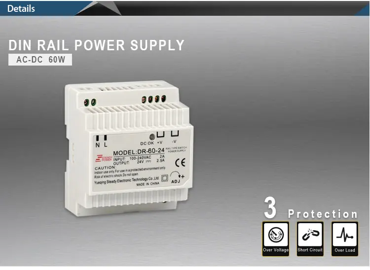 60 Вт 24 В din-рейки SMPS 24 вольт 2.5A ac dc переключатель Питание DR-60-24