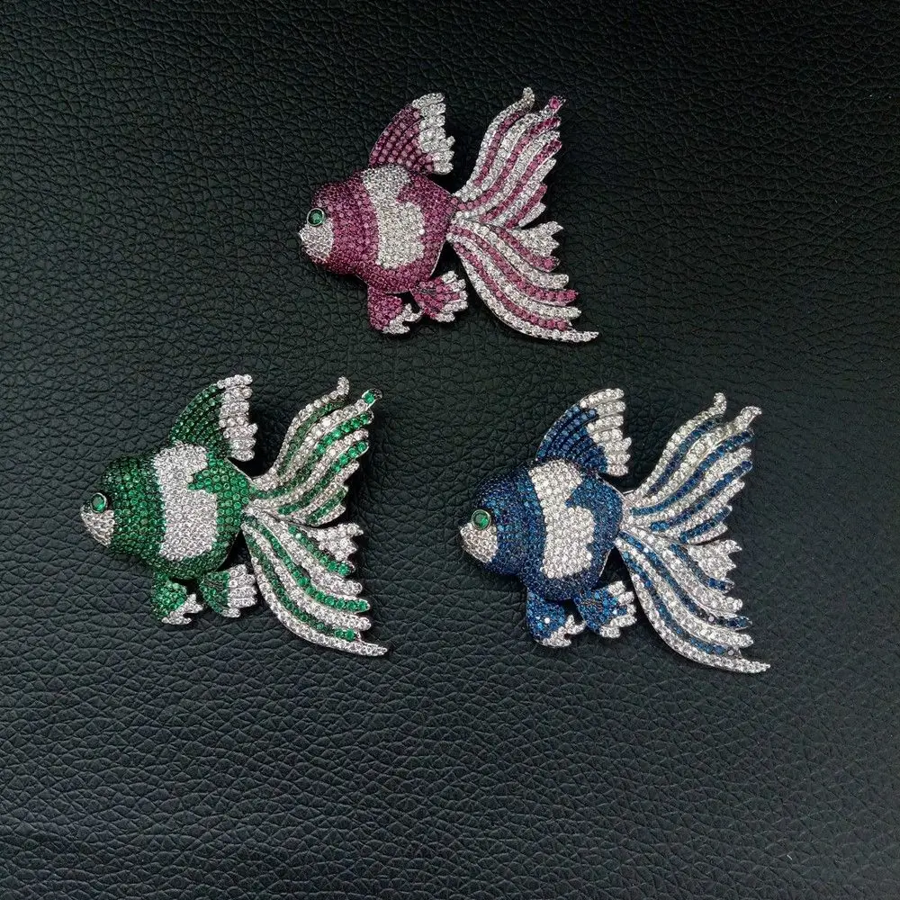 

1pc 38x45mm golden plated Mixed Color Cz micro fish brooch