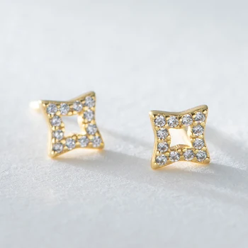

Gold Color Rhinestone Square Four-pointed Star Ear Stud Earring For Women Girls Korean Exquisite Mini S925 Jewellery Accessories