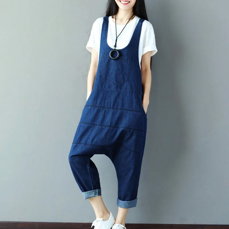 Denim loose women jumpsuit plus size low crotch patchwork solid color denim rompers classic all matches fashion tide overalls Denim loose women jumpsuit plus size low crotch patchwork solid color denim rompers classic all matches fashion tide overalls