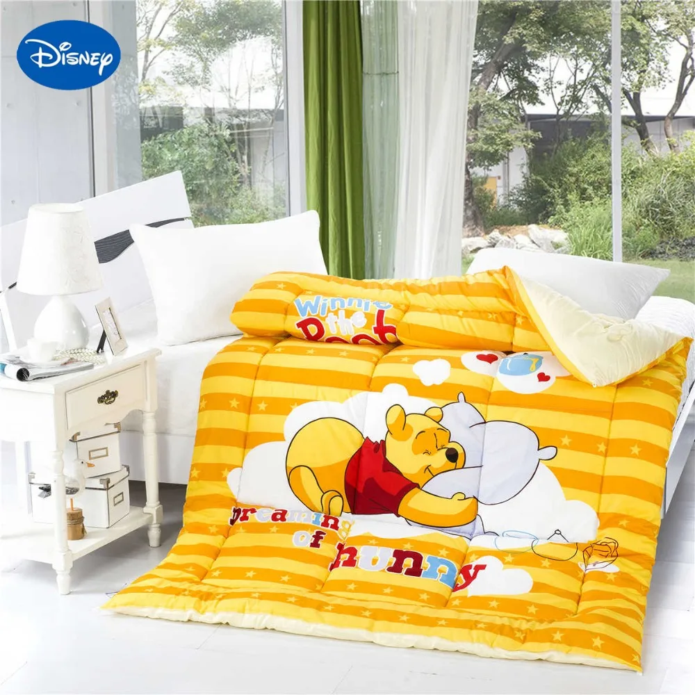

Winnie the Pooh Print Comforters Girls Cotton Covers Autumn Winter Cartoon Character Single Twin Size Quilt Yellow Orange Stripe
