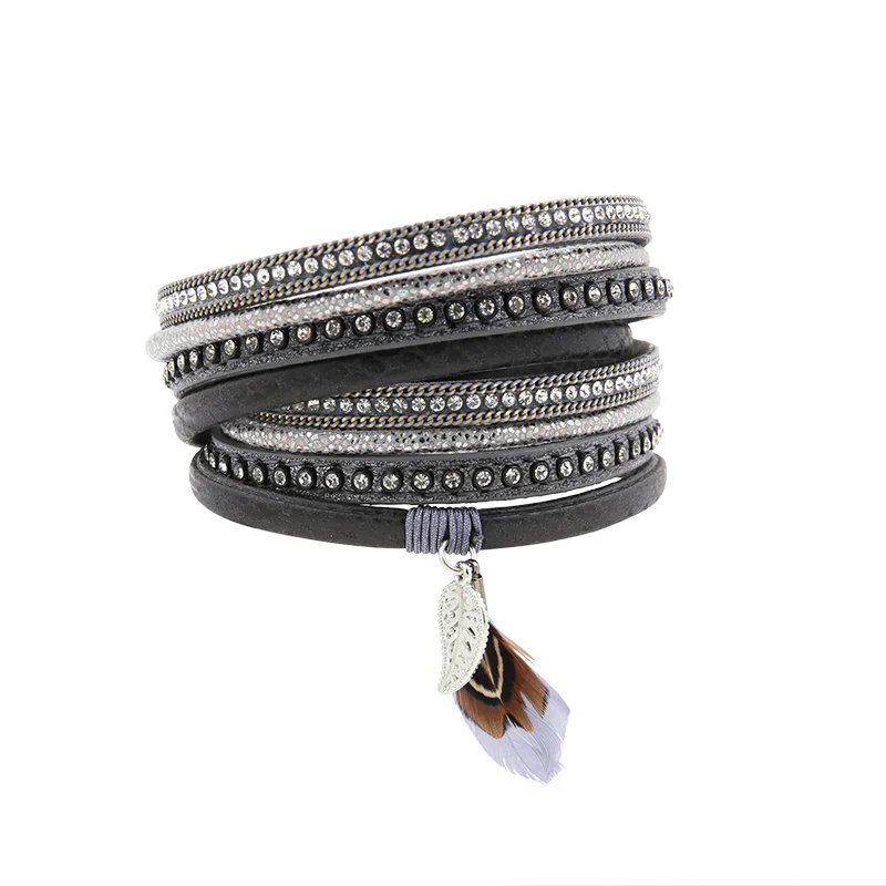 Женский браслет из искусственной кожи с листьями и перьями|pulseras mujer|pulseira de courobangles