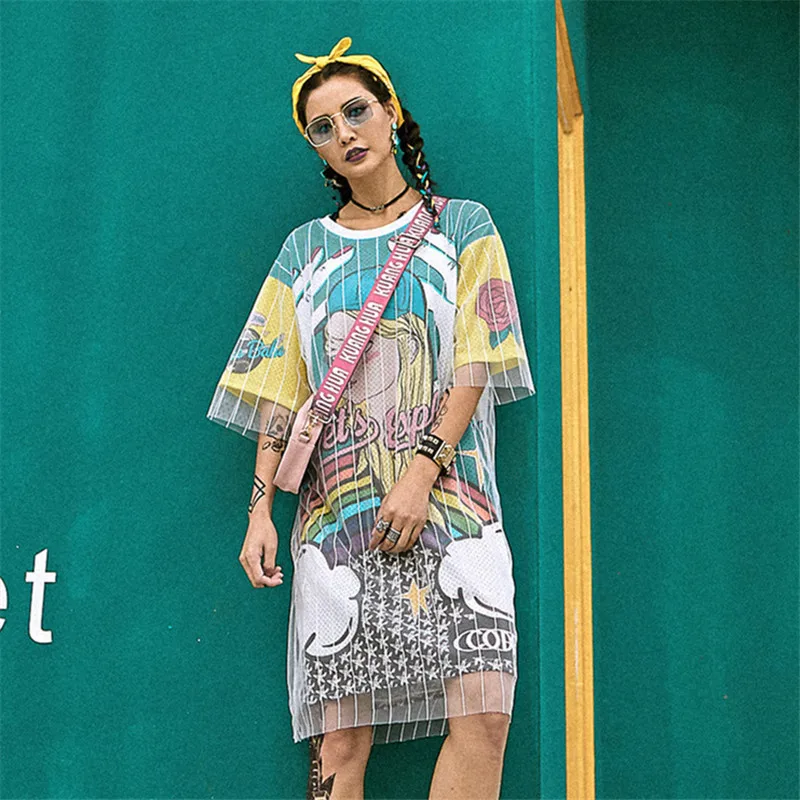

just.be.never mesh dress women summer vintage hip hop cartoon princess print double layer sexy short sleeve white female dress