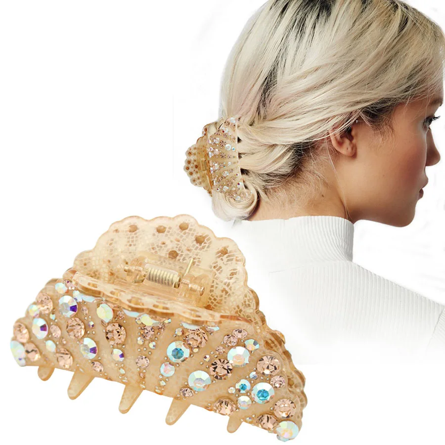 Dressy Claw Hair Clip - Rhinestone Ponytail Holder, Cellulose Acetate Accessory Jewelry Ornament for Women Girl Tiara Prom