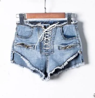 2021 Sexy Summer Women High Waisted Tassel Elastic Lace Up Bandage Shorts Denim Short Denim Black Ripped Short Jeans p1246 plus size clothing Shorts