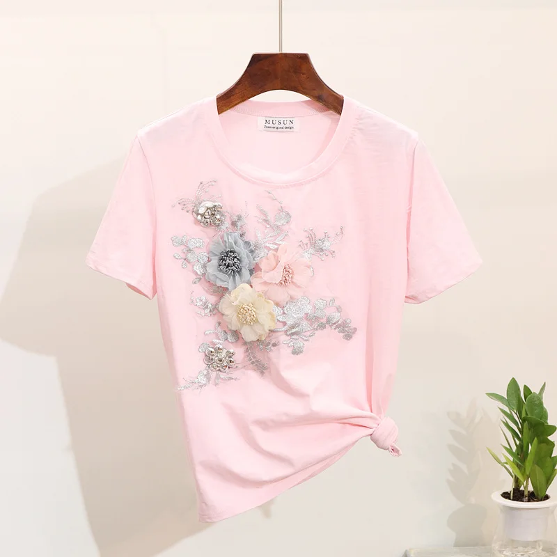Taotrees летняя вышивка 3D цветок футболка с короткими рукавами+ тяжелая работа Жан рябь отверстие джинсовые штаны костюм для женщин комплект из 2 предметов - Цвет: Pink 1