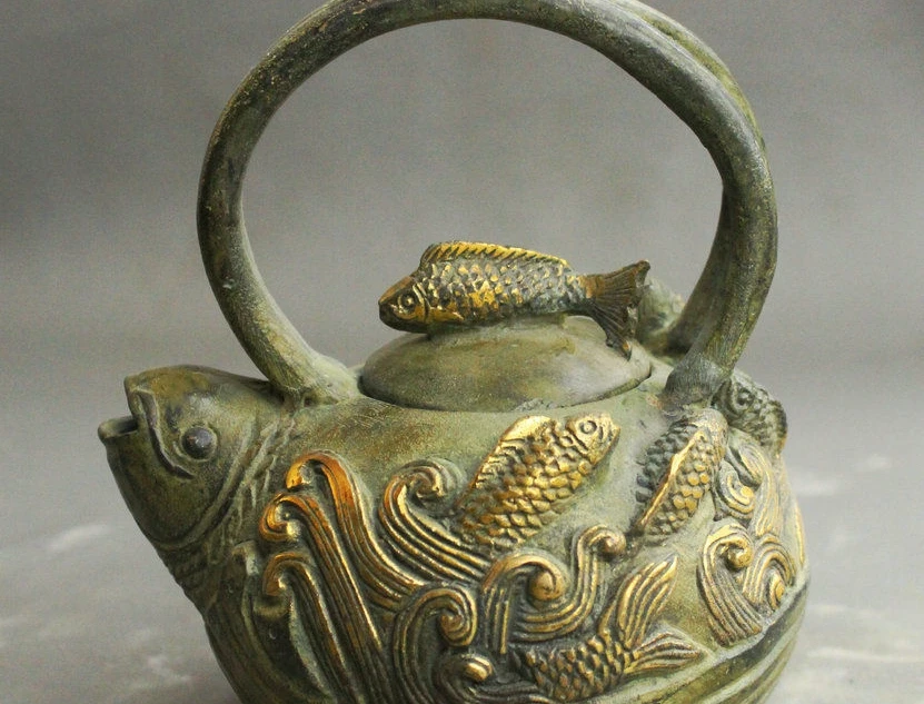 

6 Marked China Collect Bronze Gilt Wealth Fish Goldfish Statue Teapot Wine Pot
