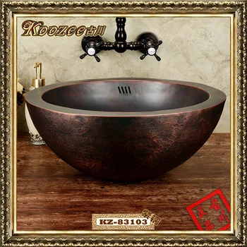 

All copper basin artistic stage retro handmade circular bathroom sink double overflow