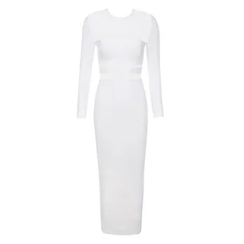 

Women Fashion 2020 New White Long Sleeve O Neck Mesh Patchwork Hollow Out Vestidos Floor Length Split Celebrity Bandage Dress