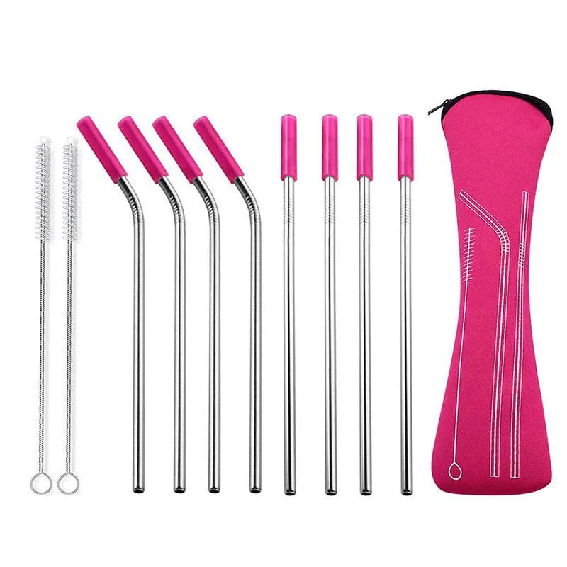 

8Pcs/set Reusable Stainless Steel Straws Straight Bent Drinking Straws With Silicone Tips For Hot Cold Beverage Drink Bar Tools