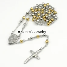 6mm Rosario Cadenas De Plata y Oro de acero inoxidable colgante de collar de Cruz de Jesús Para Mujer Para Hombre accesorios Wholesale Retail KN086