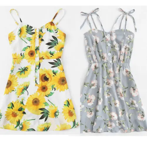 

Fashion Women Holiday Floral Print Strappy Button Ladies Summer SunDress Beach Ladies Mini Cami Dress Swing