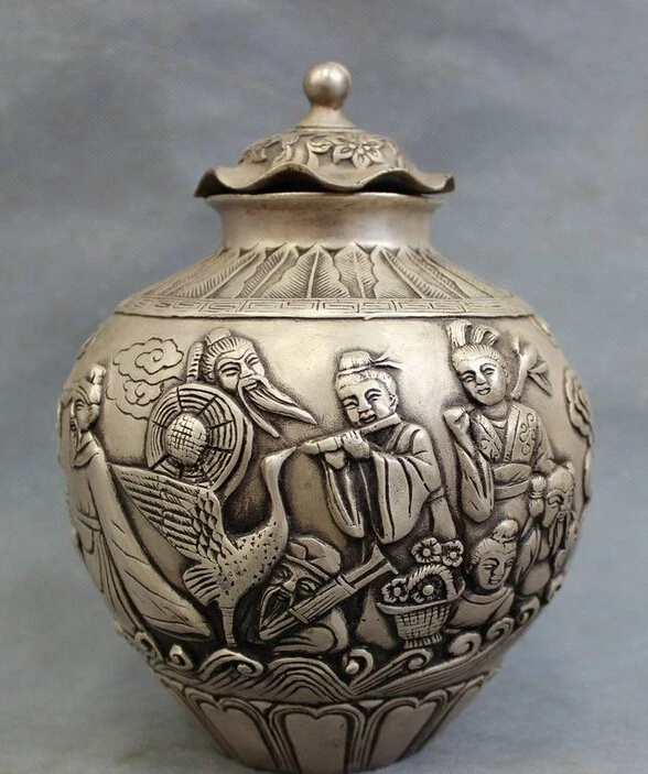 

8" Chinese Silver Buddhist BaXian GuoHai Fly Crane Shou Peach Statue Jar Pot