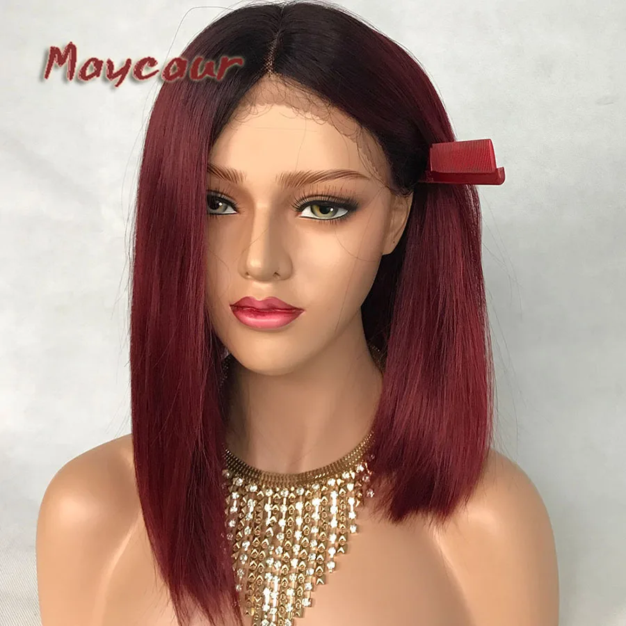 

Maycaur Short Bob Hair Synthetic Lace Front Wigs For Women Black Root Red Ombre Color Hair Lace Wigs with Natural Hairline