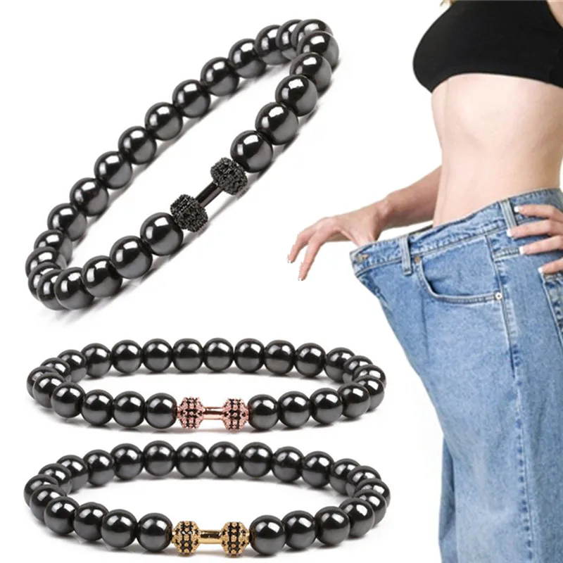 

1Pc Weight Loss Round Black Gold Stone Magnetic Therapy Bracelet Magnetic Hematite Stretch Health Care Bracelet For Men Women