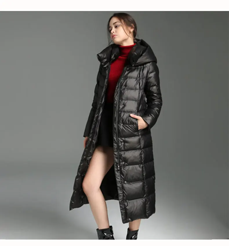 Утолщенный длинный женский пуховик зима плюс размер простой тонкий жакет модный блестящий черный пуховик с капюшоном женские парки HS622