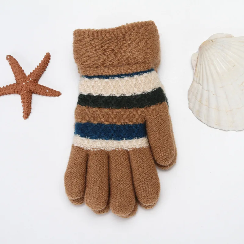 От 8 до 15 лет, детские вязаные толстые плюшевые теплые перчатки из кашемира, полосатые перчатки для мальчиков и девочек C34 - Цвет: Light Coffee