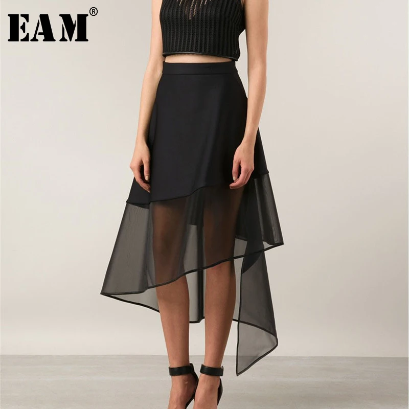 

[EAM] 2019 Spring Summer Woman Temperament Stylish Black High Waist Spliced Mesh Irregular Perspective Half Body Skirt LE460