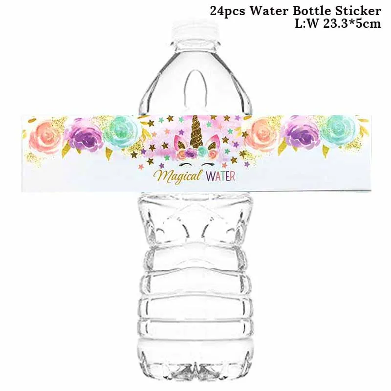 24pcs Rainbow Unicorn Bottle Stickers Happy Birthday Kids Favors Unicorn Water Bottle Sticker Baby Shower 1st Birthday Party