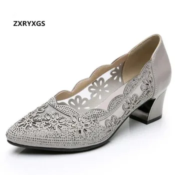 

2019 New Spring and Summe Pointed Fashion Shoes Cowhide Rhinestone Mesh Sandals Women Shoes Elegant Comfortable High Heels 5 Cm