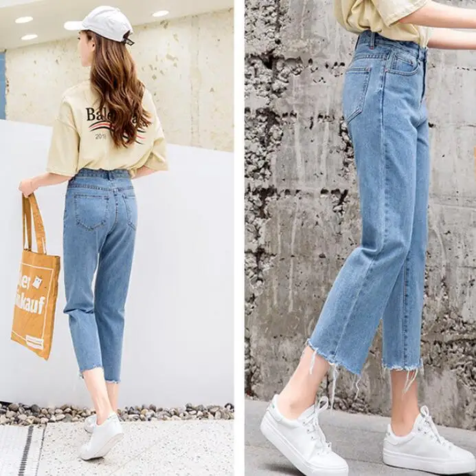 High Waist Mom Jeans Trousers For Women Boyfriend Denim Pants Vintage Casual Girls Jeans Trousers Blue White Milky Summer Autumn
