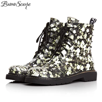 

BuonoScarpe Shoes Women 2018 Punk Style Ankle Boots Painting Flowers Short Botas Mujer Pearl Round Toe Casual Boots LaceUp Shoes