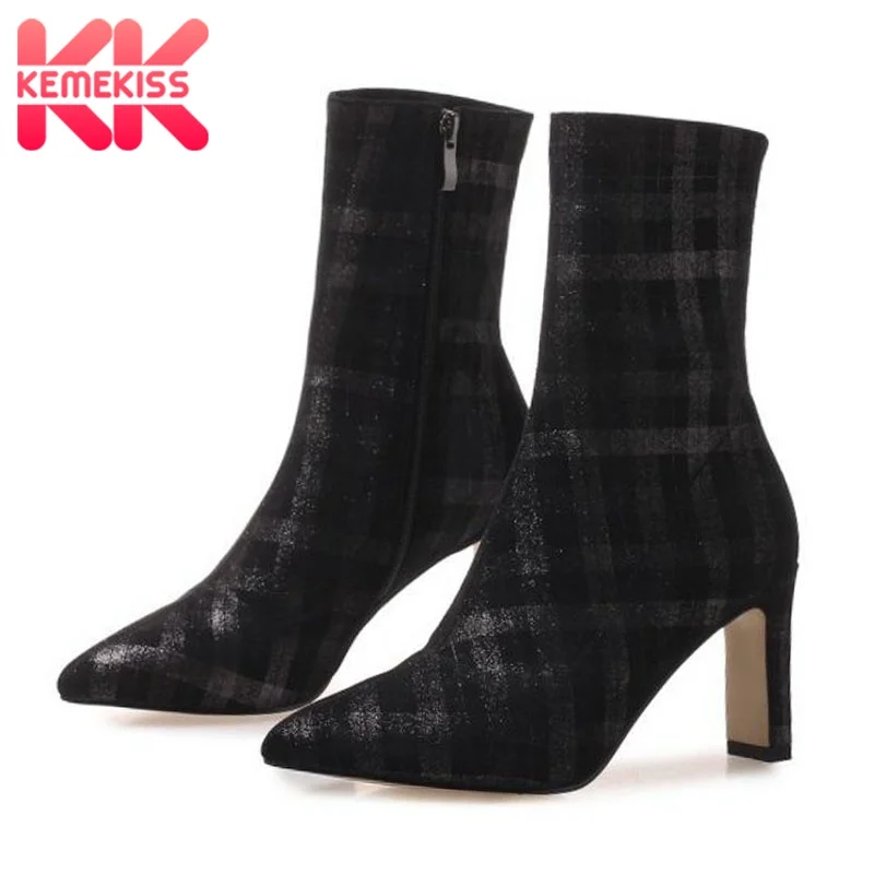 

KemeKiss Women High Heels Boots Winter Thin Heel Checkered Warm Fur Shoes Women Point Toe Zipper Party Mid Calf Boots Size 34-43