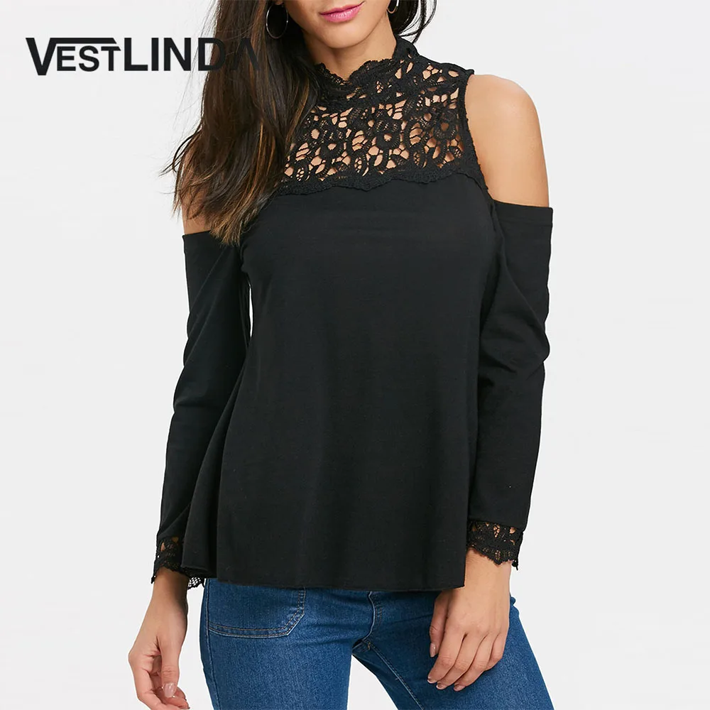Half Sleeve Cold Shoulder Lace Panel Blouse