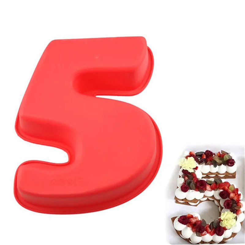 Еда Класс большой противопригарная силиконовая основа, спринтом Цифры 5, прессформы лотка торта DIY выпечки дня рождения, свадьбы, годовщины 5th пресс-форма для торта