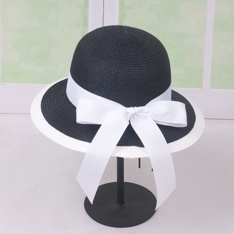 

Women Summer Beach Straw Black White Alone Ribbon Hat Bow Knot Straw Hat Temperament Dome Straw Hats Women's Sea Beach Hat