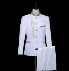 2019 Новое поступление мужской костюм комплект со штанами мужские вышитые Стенд воротник китайский туника костюм торжественное платье