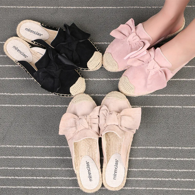 

flock bow mules women shoes straw close toe summer slippers solid flat flip flops brand lazy slides bowknot fisherman shoes 2019